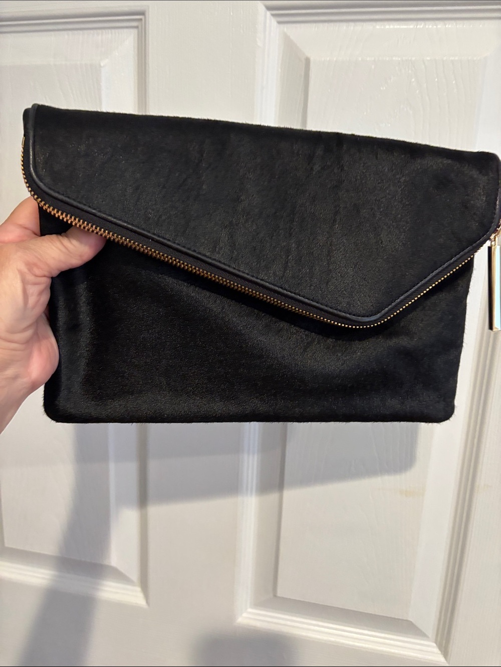 Henri Bendel Black Fold-Over Zipper Clutch